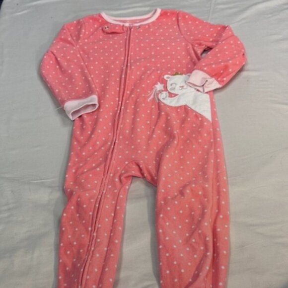 Carter's -4T - Pink Polka Dot Fleece Onesie Sleeper with Cat Design - Picture 1 of 4